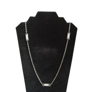 Solid White & Silver Toned Metal Rectangle Accents Long Length Layering Necklace